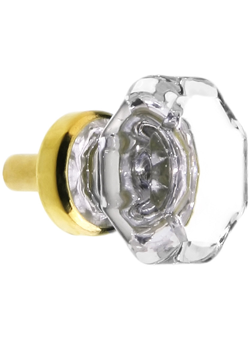 Clear Octagonal Glass Knob with Brass Base 1 1/8-Inch Diameter